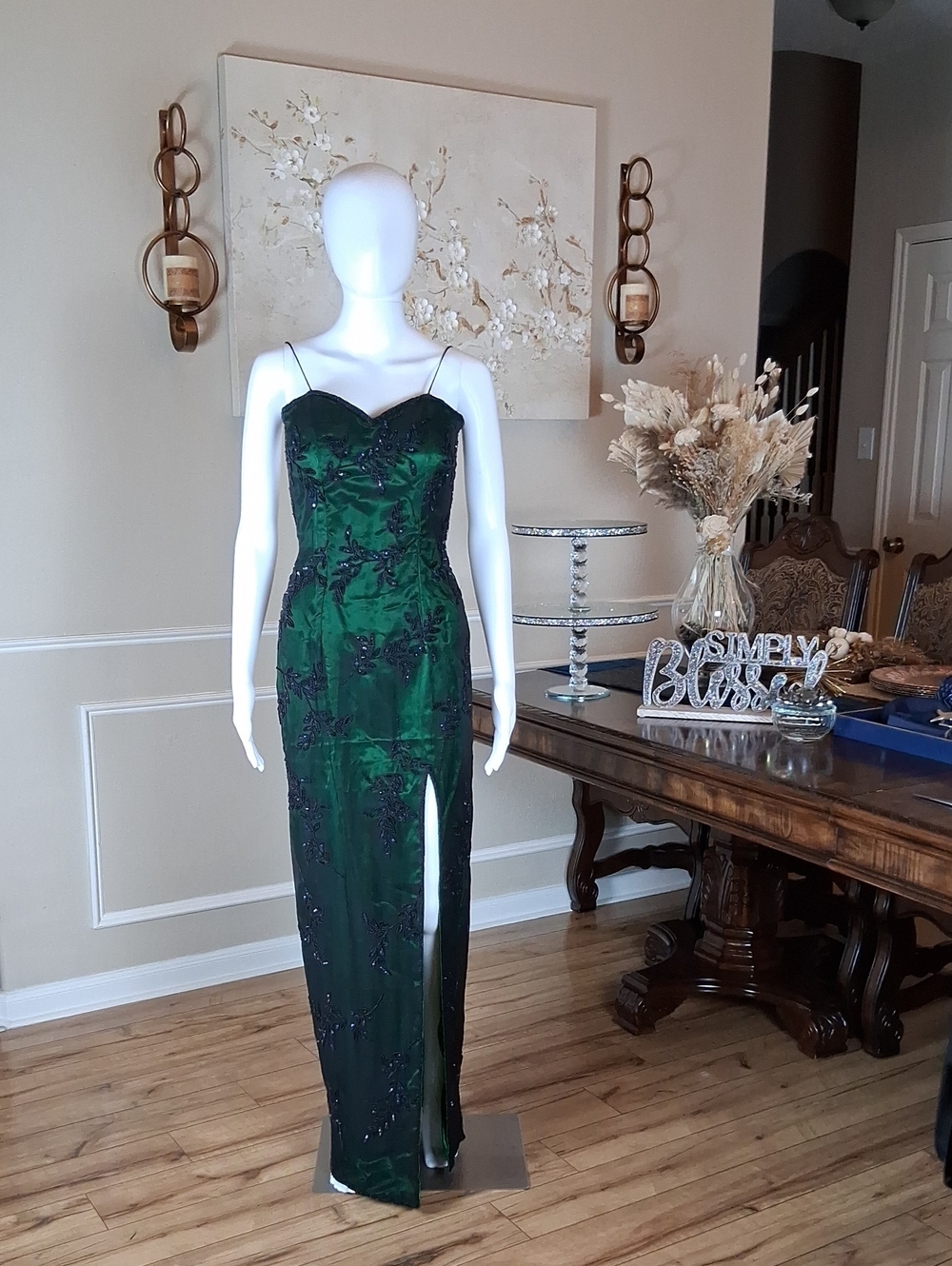 Women's Emerald Green Beaded Spaghetti-Strap Floor Length Evening Gown Size S - Picture 8 of 16